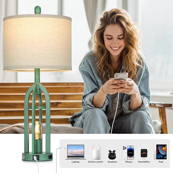 27" Tall Vintage Table Lamp Set of 2 with USB C+A & Outlet,Farmhouse Green Table Lamp for Living Room,Retro Bedside Lamps with Night Light for Bedroom Entryway,Green