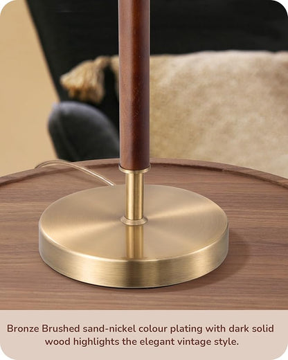 EDISHINE Mid Century Table Lamp Set of 2, Pull Chain Switch Bedside Lamp, Linen Shade, Solid Wood Pole & Bronze Brushed Metal Base, Modern Nightstand Lamp for Bedroom, Living Room, Office, E26 Base