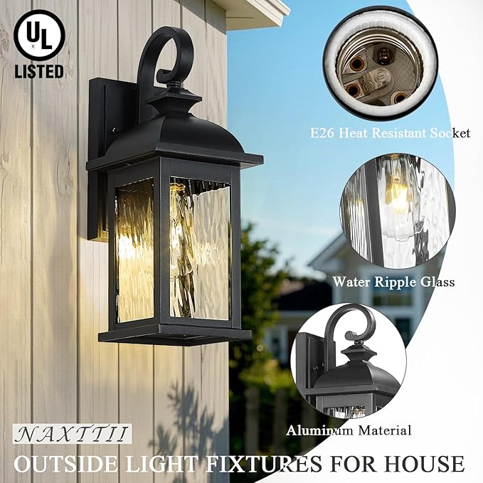 Outdoor Wall Lantern Waterproof Porch Sconces Wall Mounted Lighting Matte Black Exterior Wall Lights with Water Ripple Glass for House Garage Doorway 21 Inch Height E26 Socket