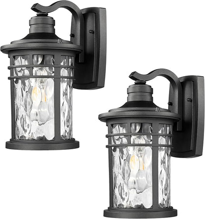 Exterior Lighting Fixture 12 Inch Outdoor Wall Lights Modern Porch Light with Water Ripple Glass Black Finish E26 Socket 2-Pack