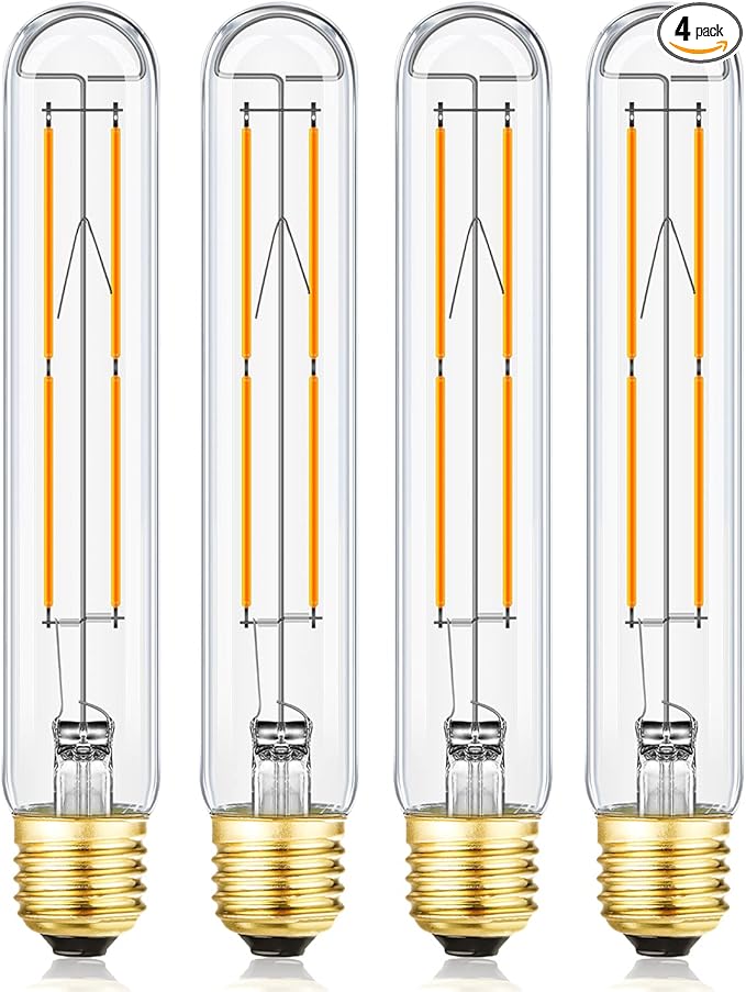 4 Pack T10 LED Bulb 8W Dimmable E26 Base Tubular Light Bulb 2700K Warm White 75W Equivalent 800lm 7.3in Bulb for Rustic Pendant, Wall scones Tube Light Bulbs Desk Lamp Vintage Edison Long Light Bulbs