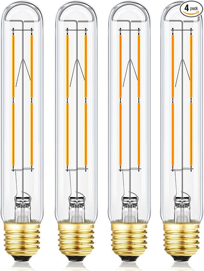 4 Pack T10 LED Bulb 8W Dimmable E26 Base Tubular Light Bulb 2700K Warm White 75W Equivalent 800lm 7.3in Bulb for Rustic Pendant, Wall scones Tube Light Bulbs Desk Lamp Vintage Edison Long Light Bulbs