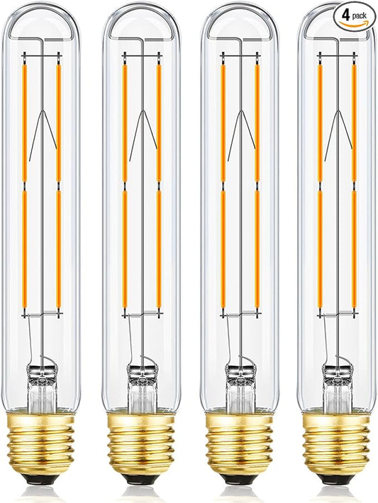 4 Pack T10 LED Bulb 8W Dimmable E26 Base Tubular Light Bulb 2700K Warm White 75W Equivalent 800lm 7.3in Bulb for Rustic Pendant, Wall scones Tube Light Bulbs Desk Lamp Vintage Edison Long Light Bulbs