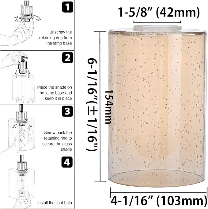 Glass Lamp Shade Replacement Globe & Cover for Light Fixture, 6-1/16" Height 4-1/16" Diameter, 1-5/8 inch Fitter, 5 Pack Amber Seeded Bubble Farmhouse Cylinder Glass Shade