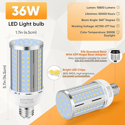 2 Pack 36W Corn LED Light Bulb Fanless,(320 Watt Equivalent) E26/E39 Medium/Large Mogul Base LED Cob Lamp 5000K Daylight 5,400LM for Outdoor Indoor Garage Warehouse Factory Workshop Street Backyard