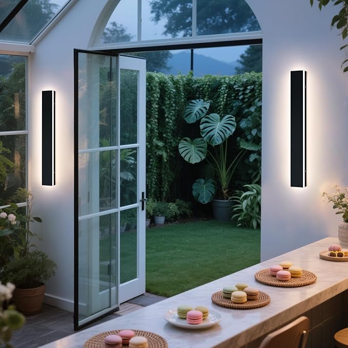 Upgrade Widened 2 Pack Long Modern Outdoor Wall Light, 31.4inch Dimmable 3000K-6000K LED Porch Wall Sconce, IP65 Waterproof, Outside Lighting Fixture for House, Yard, Fence with Remote Control