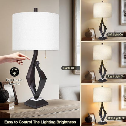 Scenekoy Sculptural Resin Table Lamp Set of 2 with USB Ports for Bedroom Living Room, 26” Black-Brown Dual Pull Chains Bedside Lamps, Nightstand Lamp for Home Room Decor (Bulbs Included)