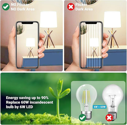 A19 E26 Base Dimmable Edison LED Bulb, 6W(60 Watt Equivalent) Stepless Dimming Light Bulbs 600lm, 5000K Daylight White, Vintage Clear Glass LED Filament Bulb for Home, Wall Sconce, Chandelier, 6 Pack