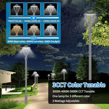 LED Post Top Light 75/100/150W Adjustable 19500 LM 3000/4000/5000K LED Circular Area Light Outdoor Pole Lights with Photocell, IP67 Parking Lot Lights Fixture Commercial Lighting, 100-277V