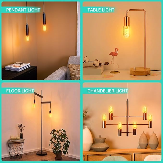 AMDTU Edison Bulbs 60W Equivalent Dimmable, Spiral Ultra-Thin Filament E26 LED Bulbs 7W, 700 Lumen, Warm Yellow 2200K, T45 Amber Glass Tubular Light Bulbs for Lamps, 4 Pack