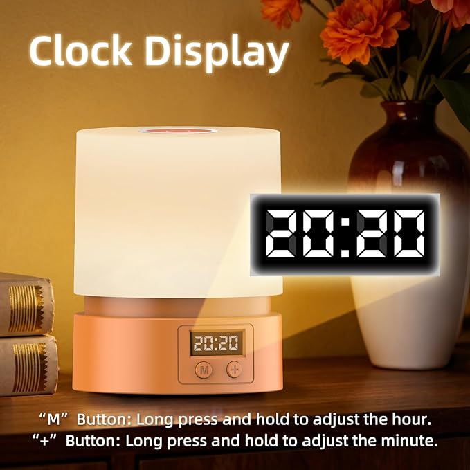 Nursery Night Light with Clock for Kids, Touch Lamp Bedside Desk Lamp, Portable Breastfeeding Night Lamp for Baby, 3 Color Stepless Dimming Up for Restaurant,Bedroom,Rechargeable (Orange)