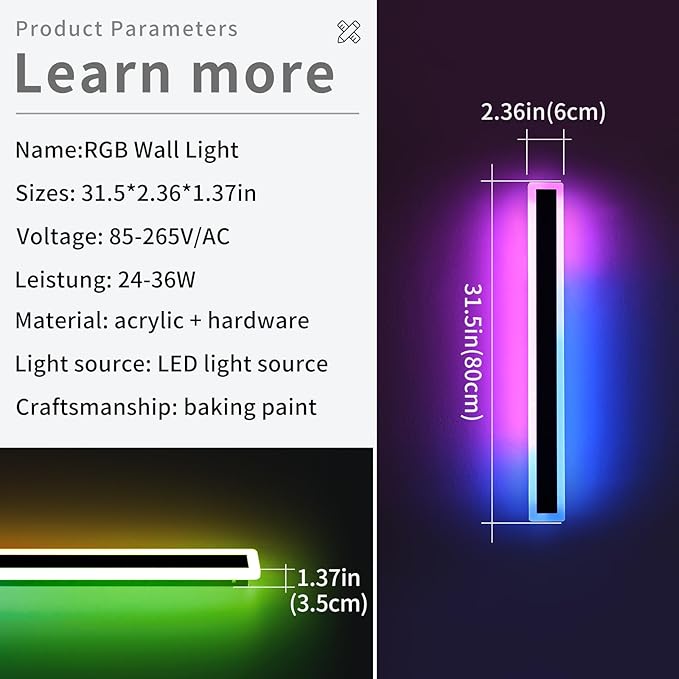 2 Pack 31.4inch Modern Outdoor Wall Lights, RGB Dimmable LED Wall Sconce Light with Remote Control, 10 Colors, 5 Modes, IP65 Waterproof Exterior Light Fixture for Porch, Patio, Garage