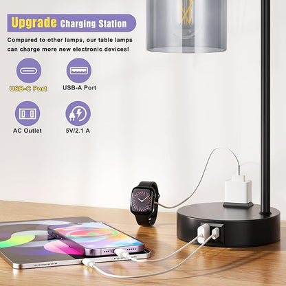 Innqoo Industrial Touch Bedroom Lamps for Bedrooms Set of 2-3-Way Dimmable Table Lamps with USB C+A Ports and Outlet, Bedside Lamps with Gray Glass Shade for Living Room, Desk Lamps for Home Office