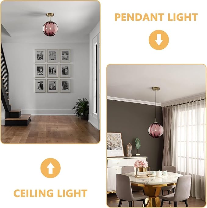 KCO Lighting Modern Large Globe Pendant Light - Vintage Gold Single Pendant - Round Glass - Industrial Kitchen Island & Dining Room Light Fixture (Burgundy-9.8')