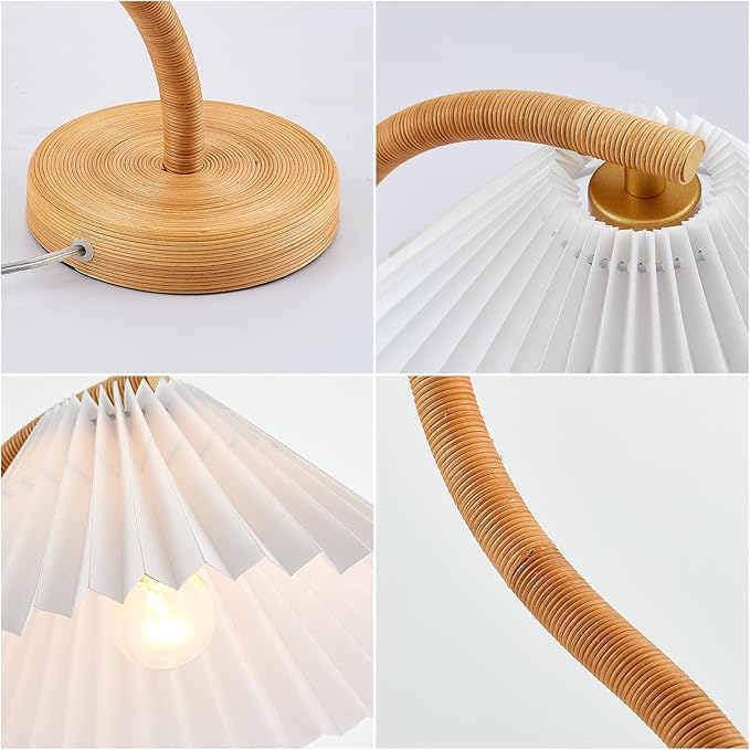 Boho Hand Woven Rattan Table Lamp with White Fabic Shades Plug in and Play Gooseneck Table Light for Bedside Living Room Bedroom Office