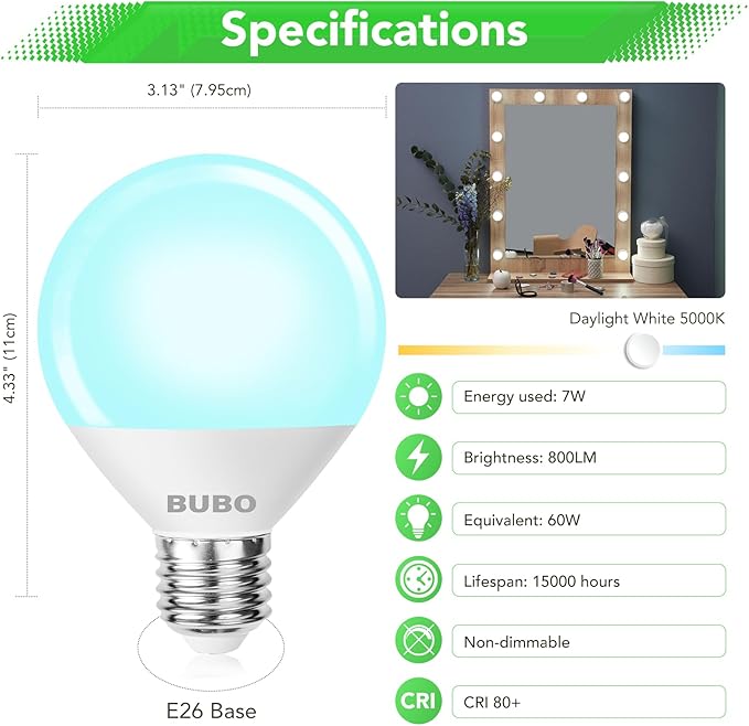 BUBO Vanity Light Bulbs 60 Watt Equivalent, Bathroom Light Bulbs Daylight White 5000K, G25 Globe Round Bulb 800 Lumens, E26 Medium Base, 7W, Non-Dimmable, 8 Pack