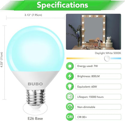 BUBO Vanity Light Bulbs 60 Watt Equivalent, Bathroom Light Bulbs Daylight White 5000K, G25 Globe Round Bulb 800 Lumens, E26 Medium Base, 7W, Non-Dimmable, 8 Pack