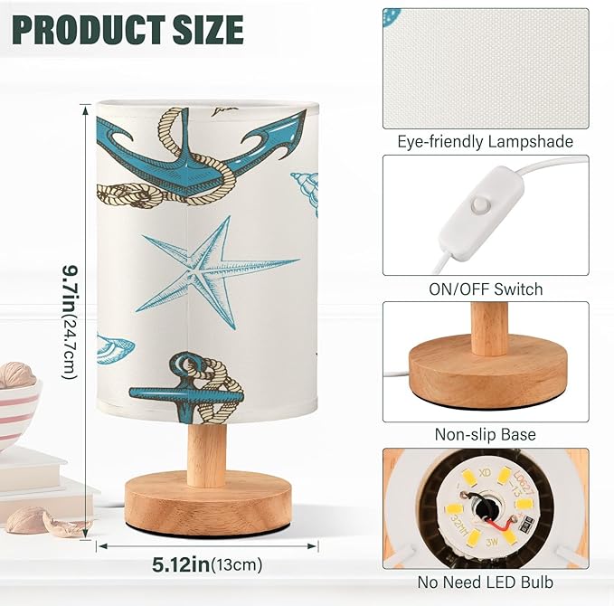 Bedside Lamp Nautical Anchors Seashells Table Lamp for Bedroom LED Nightstand Lamp Shade USB Ports Wood Base for Living Room Dorm Office