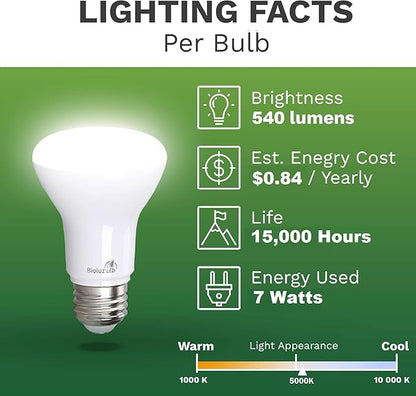 Bioluz LED 4 Pack BR20 LED Bulbs Indoor Flood Light R20 Dimmable High CRI 5000K Daylight, 50 Watt Equivalent Uses 7W, 540 Lumens UL Listed FCC RoHS Compliant
