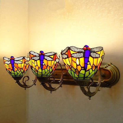 YIYIBYUS 3-Head Dragonfly Wall Sconce Lamp Tiffany Style Stained Glass Shade Vintage Wall Mount Lamp for Bedroom, Living Room and Hotel