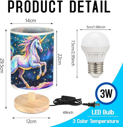 Unicorn Table Lamp LED 3-Color Pressed Bedside, Unicorn Shade Lamp with Wood Base for Bedroom Living Room Desk Office TL01