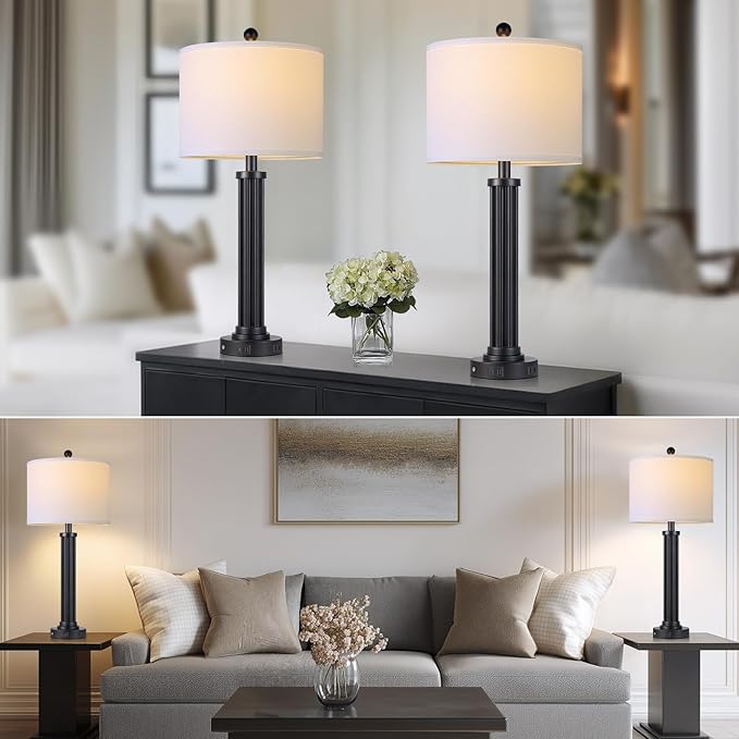 28" Tall Modern Table Lamps Set of 2 with USB C+A Ports and AC Outlet, 3 Way Touch Metal Bedside Lamps for Living Room, Black Nightstand Lamps for Bedroom