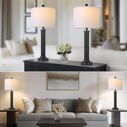 28" Tall Modern Table Lamps Set of 2 with USB C+A Ports and AC Outlet, 3 Way Touch Metal Bedside Lamps for Living Room, Black Nightstand Lamps for Bedroom