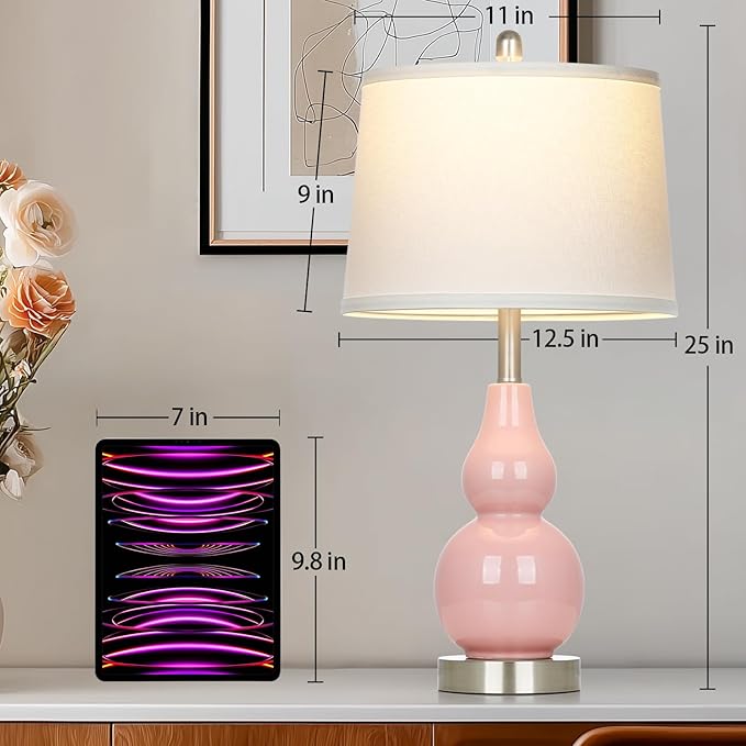 Pink Ceramic Lamps Set of 2, 25" Modern Double Gourd Ceramic Table Lamps for Living Room, Cute Bedside Nightstand Lamps with Fabric Shade for Bedroom End Table Home Office Girls Room(2 Bulbs Included)