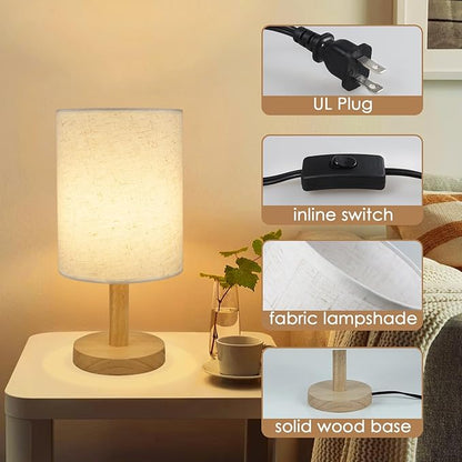 6.3in Bedside Table Lamp for Bedroom, Minimalist Nightstand Lamp with Round Fabric Linen Shade,Study Reading Desk Lamp for Kids Room, Night Table Lamp for Living Room, College Dorm, Home, Office