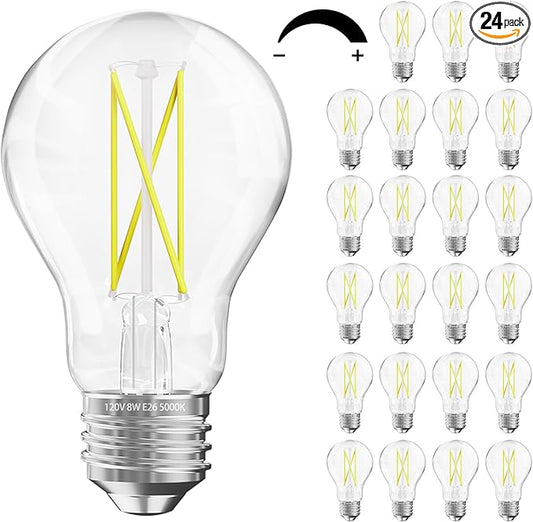 DAYBETTER 24 Pack A19 Vintage LED Edison Bulbs, 60W Equivalent Dimmable LED Bulbs, High Brightness 5000K Daylight, 800 Lumens, 8W E26 Standard Base, Ultra-Bright, CRI80+, Clear Glass Filament Bulb