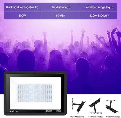 4 Pack 200W LED Flood Black Lights,395nm to 405nm UV Outdoor Flood High Power Blacklight Light with Plug in, IP66 Waterproof Large Black Light Spotlight for Glow Party Large Space, Halloween
