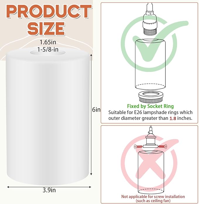 6 Pcs White Frosted Glass Shade Replacements for Pendant Light Fixtures Glass Lamp Shade Cover, 1-5/8 Inch Fitter E26 Base, 4"w x 6"h, Replacement Lamp Globe for Chandelier Wall Sconce