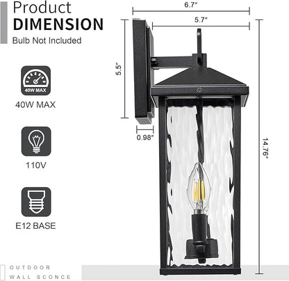 Darkaway Outdoor Wall Lights,2pcs Exterior Lighting Fixtures Wall Mount Porch Lights Waterproof Outdoor Sconce with Water Ripple Glass E12 Socket for House Patio Hallway Garage
