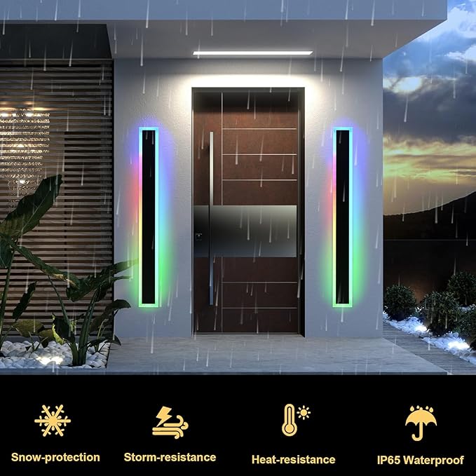 BONLICHT 1 Pack 48inch Long Outdoor RGB Modern LED Wall Light IP65 Waterproof Linear Exterior Lighting Fixture Wall Mount with Remote Control, Rectangular Black Wall Sconce for Garage Front Door