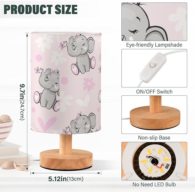 Bedside Lamp Cute Elephant Pink Flower Table Lamp for Bedroom LED Nightstand Lamp Shade USB Ports Wood Base for Living Room Dorm Office