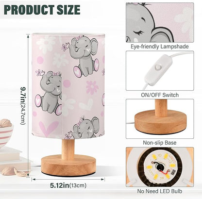 Bedside Lamp Cute Elephant Pink Flower Table Lamp for Bedroom LED Nightstand Lamp Shade USB Ports Wood Base for Living Room Dorm Office