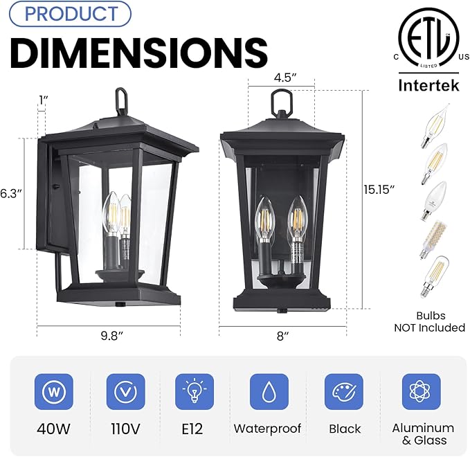 Dusk to Dawn Outdoor Wall Lantern, Large Exterior Wall Sconce Light Fixture with E12 Base, Waterproof Wall Mount Light, Outdoor Wall Light for Porch
