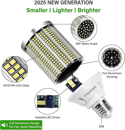 DragonLight 50W Super Bright LED Corn Light Bulbs (400 Watt Equivalent) - E26 Base LED Lamp 6000K Daylight 6,000 Lumens for Large Area Lighting, Pack of 2