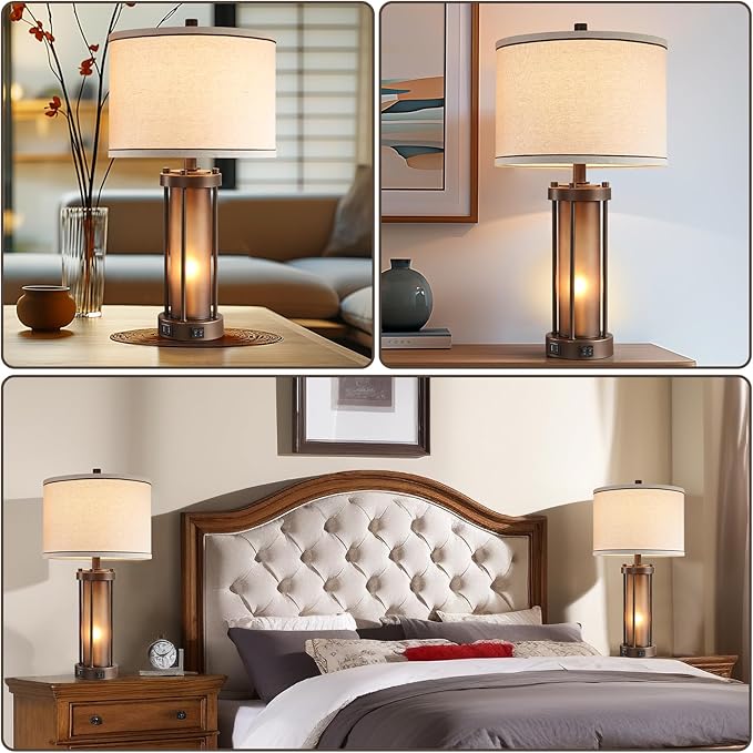 Set of 2 Farmhouse Table Lamps for Living Room with 2 USB Charging Ports, Vintage Rustic Nightstand Lamps with Amber Glass Nightlight, Retro Desk Lamps for Bedroom Entryway, 4 Bulbs Included (Brown)