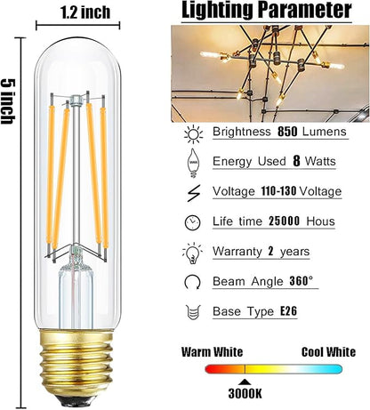 Leools Dimmable E26 Edison Bulb 8W Equal 60 watt Light Bulb AC120V Soft White 3000K Edison Light Bulbs 75 Watt 800LM Tubular T10 led Bulb for Rustic Pendant,Chandeliers,Wall sconces,Vanity 6Pack