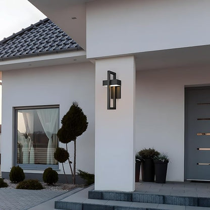 LamQee 2 Packs Modern Outdoor Wall Lights 3000K Integrated LED Outdoor Wall Sconces Lighting, Contemporary Exterior Lighting Fixtures Outside Wall Mount Lights for House Porch Door Garage, Matte Black