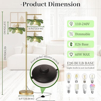 Green Glass Floor Lamp Dimmable Floor Lamp for Living Room 65“ Modern Standing Lamps Industrial Floor Lamps Gold Tall Lamps for Bedroom Study Room Office Cafe