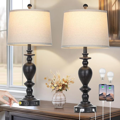 28" Tall Farmhouse Bedside Lamp Set of 2,Black Vintage Bedside Lamps with USB C+A Ports & AC Outlet,3-Way Dimmable Touch Lamp for Night Stands Living Room Bedroom,Black-2