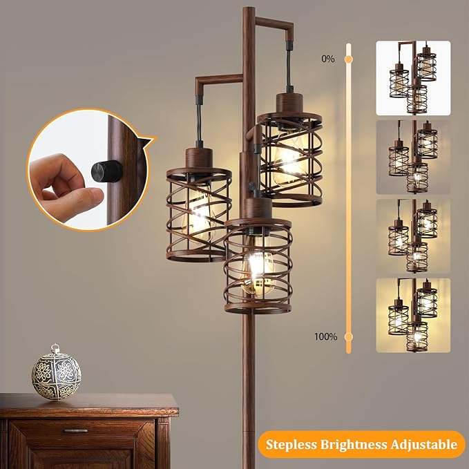 Oneach 70" Industrial Floor Lamp, Stepless Dimmable Standing Lamp with 3 Bulbs, Farmhouse Corner Standing Tree Lamp for Living Room, Tall Lamps for Bedroom, Office, Study Room, Dining Room, Walnut