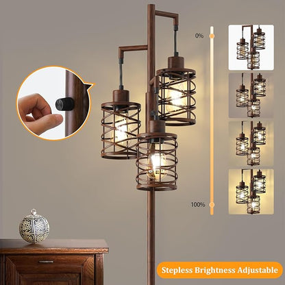 Oneach 70" Industrial Floor Lamp, Stepless Dimmable Standing Lamp with 3 Bulbs, Farmhouse Corner Standing Tree Lamp for Living Room, Tall Lamps for Bedroom, Office, Study Room, Dining Room, Walnut