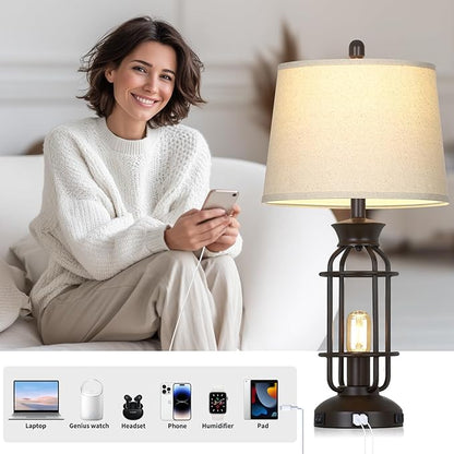 28" Tall Farmhouse Table lamps Set of 2, Vintage Industrial Table Lamp with USB C+A Ports & Outlet, Modern Rustic Bedside Lamp for Nightstand Living Room Bedroom Side Table Office Brown, 4 LED Bulbs