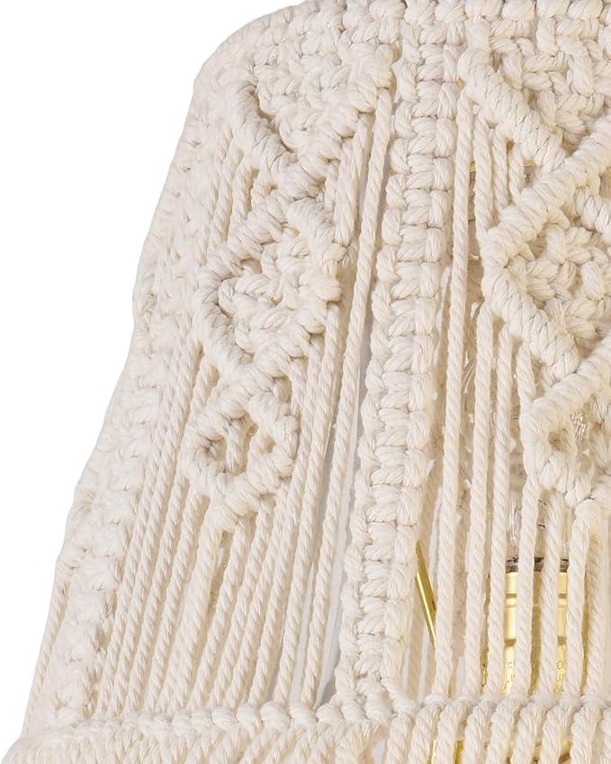 White-Ivory Boho Woven Lamp Shade Bell Tassels Lampshade 7.5``Top x 12``Bottom x 11``High(Spider) Medium Handmade Lamp Shades for Table & Bedside Lamp - Easy Assemble