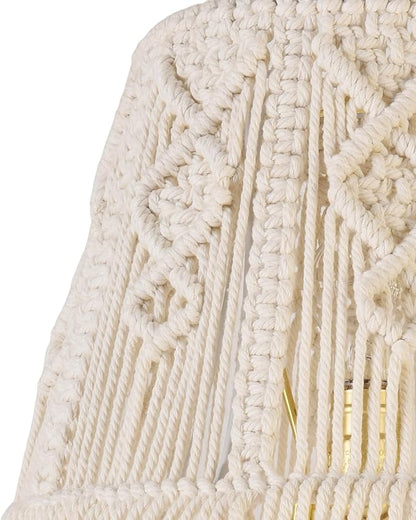 White-Ivory Boho Woven Lamp Shade Bell Tassels Lampshade 7.5``Top x 12``Bottom x 11``High(Spider) Medium Handmade Lamp Shades for Table & Bedside Lamp - Easy Assemble