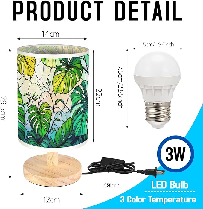 Monstera Table Lamp LED 3-Color Pressed Bedside, Monstera Shade Lamp with Wood Base for Bedroom Living Room Desk Office