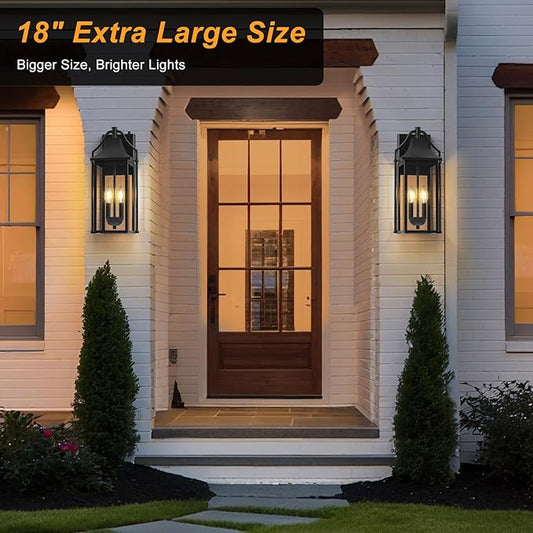 𝟏𝟖𝑰𝑵 Outdoor Wall Sconce Fixture, Dusk to Dawn Patio Lights Waterproof Exterior Lanterns, 2-Light Modern Wall Light Mounted with Glass, Black Outside Lights for House Front Door Entryway